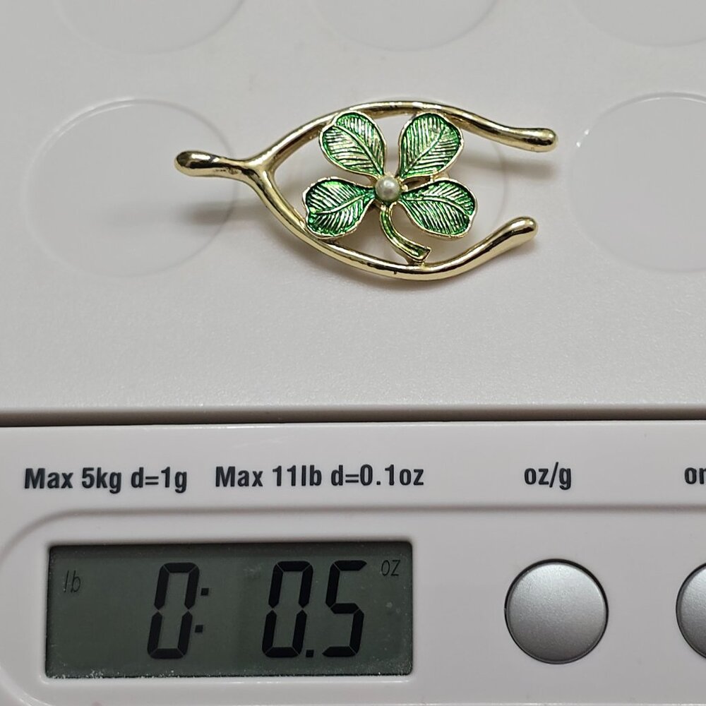 Vintage Gerry’s Lucky Wishbone Brooch Green Clover Faux Pearl Gold Tone - Picture 7 of 7